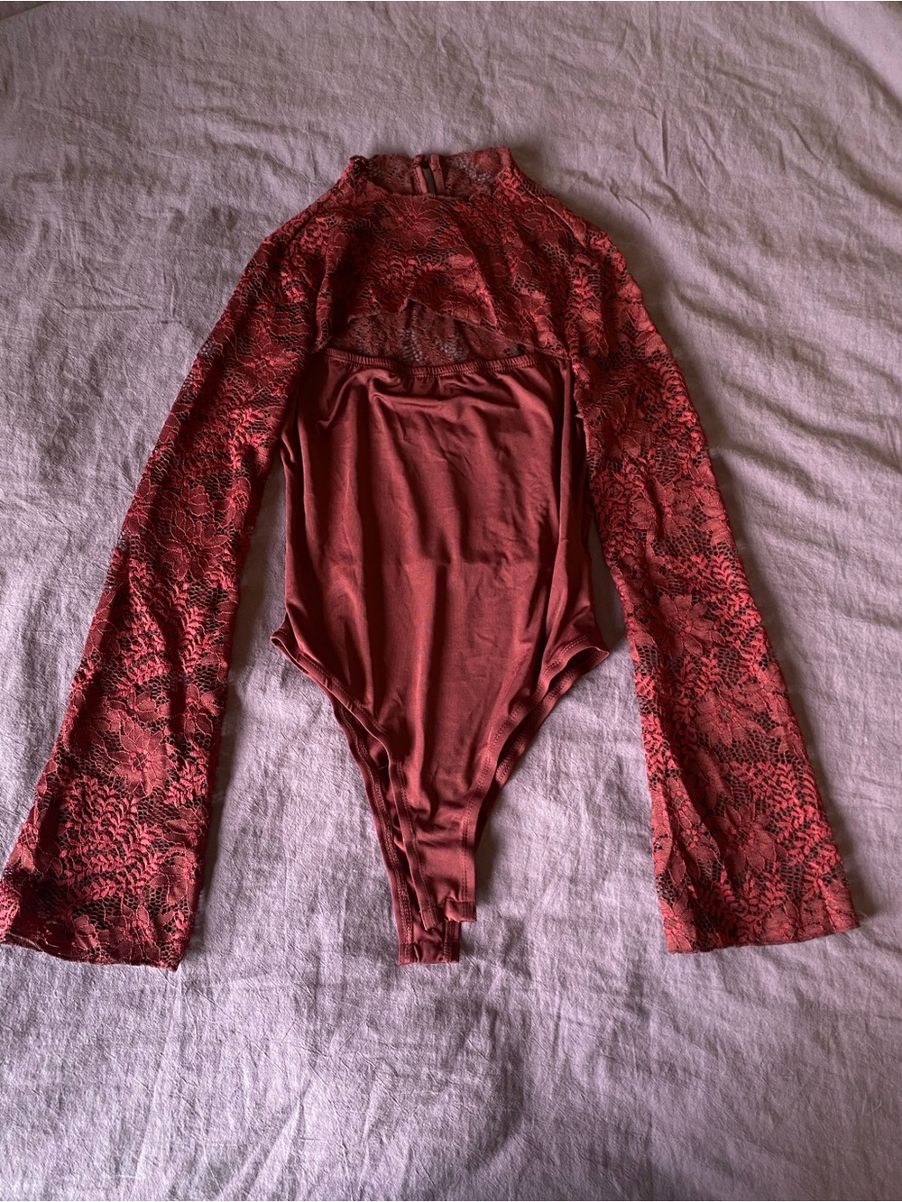 SHEIN Red Lace Long-Sleeve Bodysuit